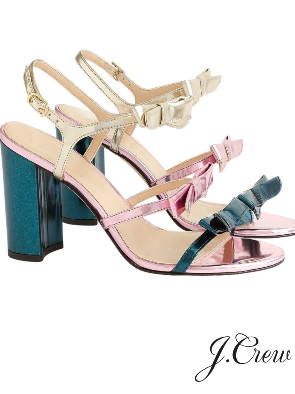 J.Crew Stella Bow Heels Metallic Emerald Green Pink Gold Pumps Size 9